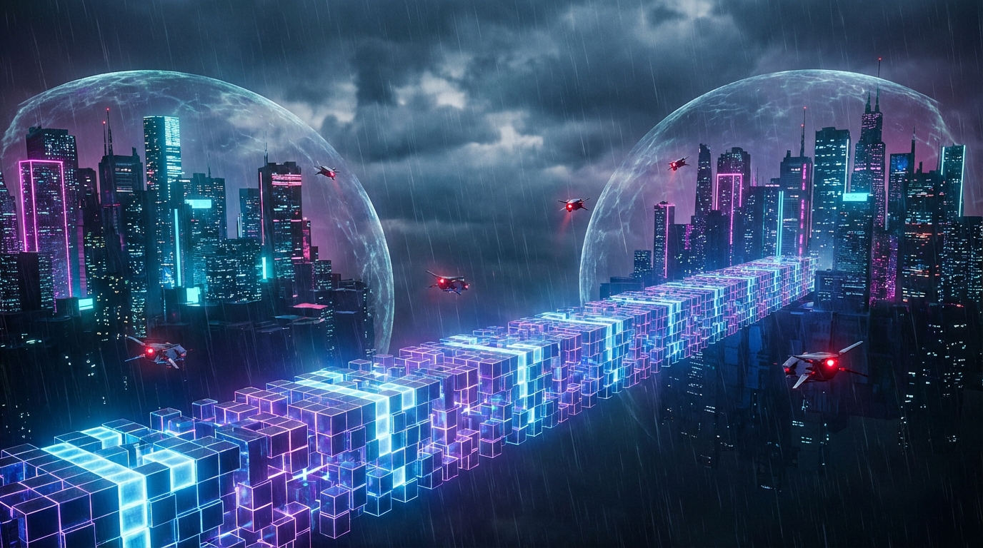 Artistic visualization of the evolving security landscape for blockchain bridges in 2026.
