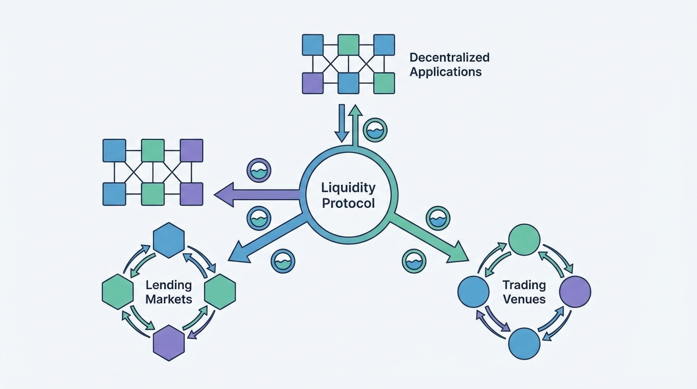 Diagram of how a central liquidity protocol channels capital across an on-chain ecosystem.