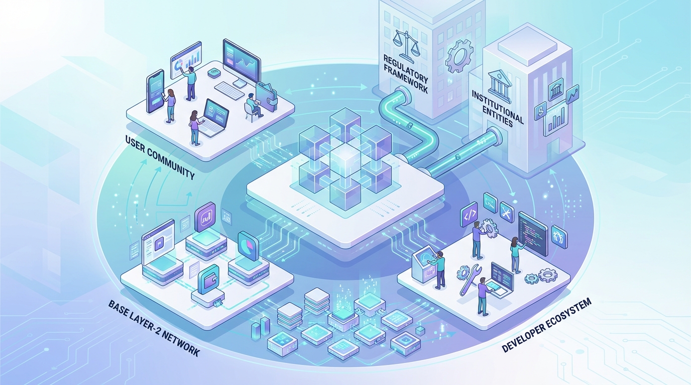 Conceptual visualization of a major crypto exchange pivoting around a new layer-2 base network and ecosystem.