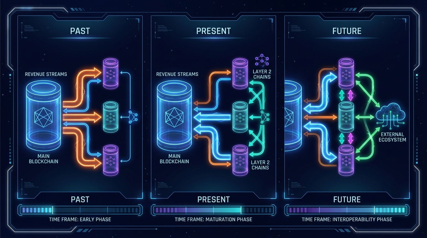 Visualizing shifting revenue flows between a base blockchain and multiple Layer 2 networks.